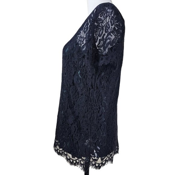 Talbots Sheer Lace Overlay Top 10 Black/Teal Short Sleeve Scalloped Whimsigoth - Picture 3 of 11